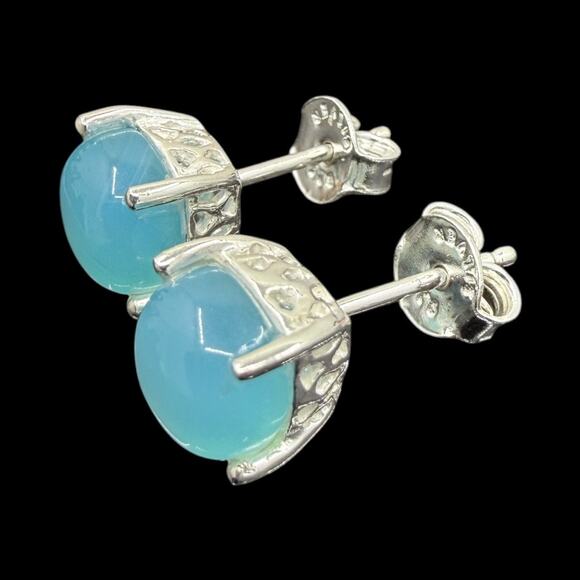 Natural Blue Chalcedony Cabochon Stud Earrings 925 Sterling Silver Handmade - Picture 2 of 4